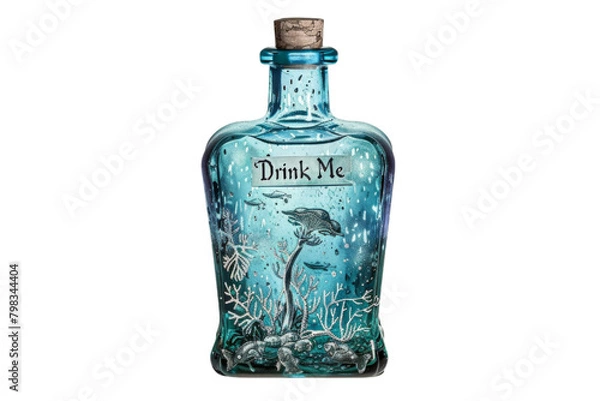 Fototapeta "Drink Me" potion bottle with whimsical underwater scene isolated on transparent background. Aquatic fairytale concept. Design for poster, banner, invitation