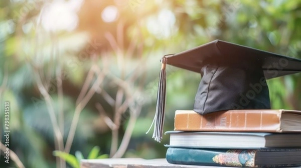Obraz Graduation hat and pile of books on a wooden table with a background of green leaves exposed to sunlight bokeh
