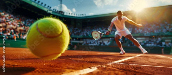 Fototapeta A tennis player in a dynamic serve on a clay court, showing intense focus and agility during a competitive match in a sunlit stadium.