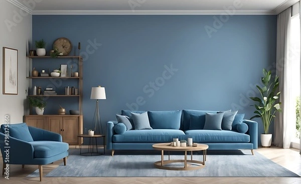 Fototapeta Mockup living room with blue sofa 3d illustration rendering
