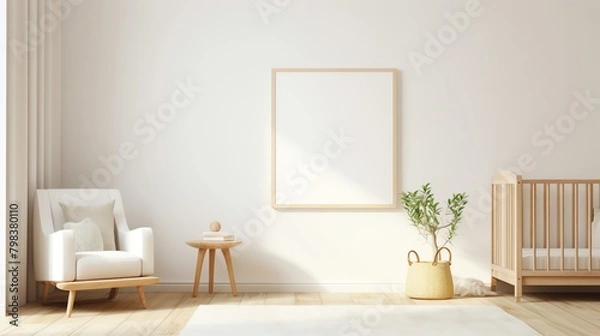 Fototapeta A minimalist nursery with white furniture and a small wooden easel with a childs drawing clipped to it soft natural light illuminating the clean calm space