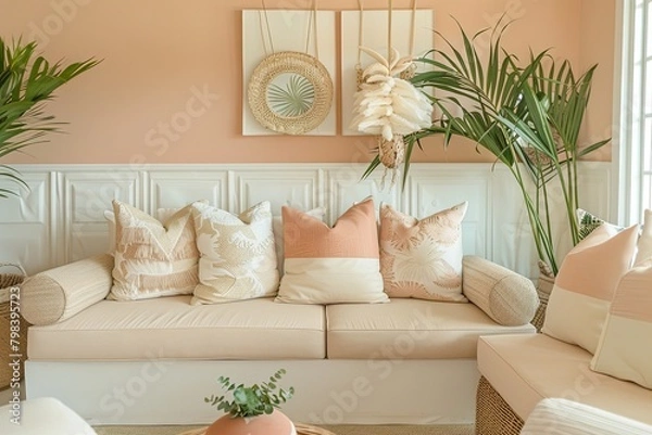 Fototapeta Contemporary Tropical Lounge: Pastel Peach & Beige Color Scheme
