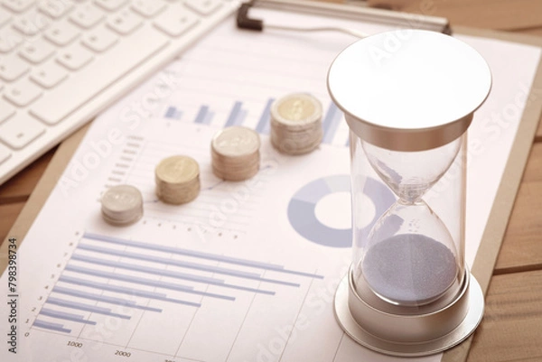 Obraz Keyboards, coins, and hourglasses placed on data reports