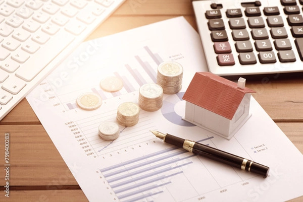 Obraz Coins, small houses, calculators, and computer keyboards placed on data sheets
