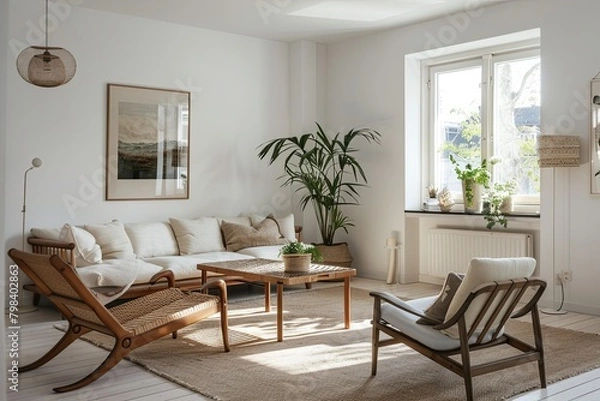 Fototapeta Scandinavian Eco-Friendly Living Room: Wooden Furniture & Sustainable Greenery Harmony