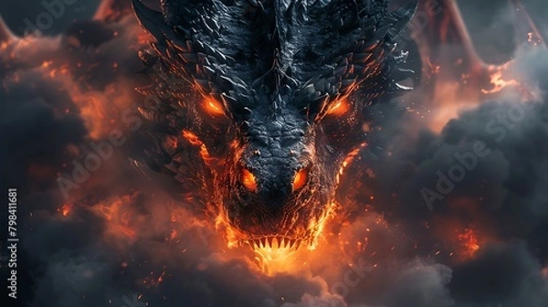 Fototapeta Fierce dragon head glowing eyes and open mouth