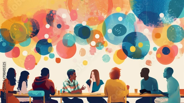 Obraz Creative Team engaged in conversation with abstract bubbles floating above them representing ideas being shared.