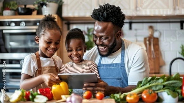 Fototapeta Mother and child in the kitchen, fruits on the table