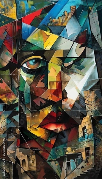 Fototapeta Incorporate cubist elements and Freudian symbolism into a cityscape seen through a distorted, birds eye lens, revealing hidden emotions within geometric chaos