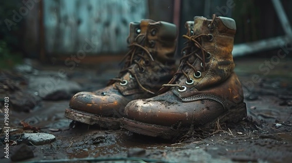Fototapeta Dirty boots, sweaty and odorous from long walks and an active lifestyle, need cleaning and odor removal.