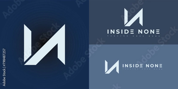 Fototapeta Abstract initial square letter IN or NI logo in white color isolated on multiple blue background colors. The logo is suitable for sports apparel brand icon logo design inspiration templates.