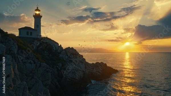 Fototapeta Lighthouse at sunset on the beach