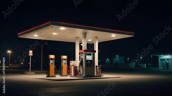 Fototapeta Horizontal shot of a generic unbranded gas station at night.generative.ai