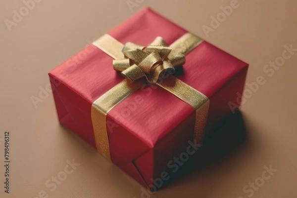 Fototapeta red present container tied with shiny gold bow