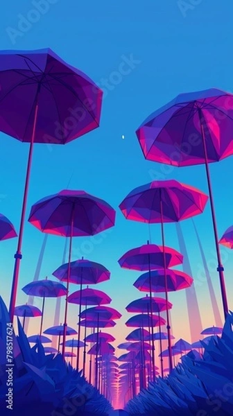 Fototapeta Bring to life the whimsical charm of a low-angle view of a row of stylized umbrellas under a gradient blue sky using pixel art techniques, emphasizing sharp lines and bright contrasting colors
