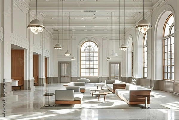 Fototapeta Sleek and Modern Office Furniture Concepts for High-Ceiling Work Environments with Defocused Windows