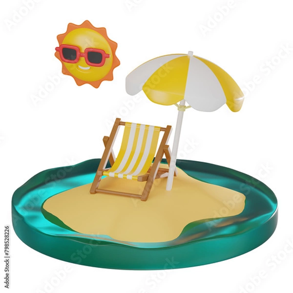 Fototapeta Tropical Escape of Island Beach with Chair, Umbrella, and Sun. 3D Render