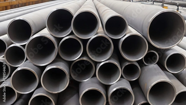 Fototapeta Closeup of Stacks of stainless steel pipes in background , metallurgical industry backdrop concept image, 