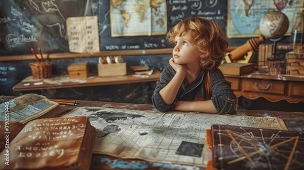 Fototapeta Child in a vintage study with maps, evoking a sense of adventure and historical exploration.