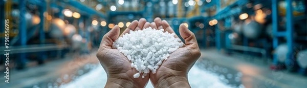 Fototapeta Hands holding refined lithium with the plant machinery blurred in the background