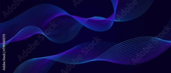 Obraz Abstract blue and purple gradient flowing wave lines on dark blue background. Particle lines design element banner for futuristic modern technology science decoration. Vector illustration.
