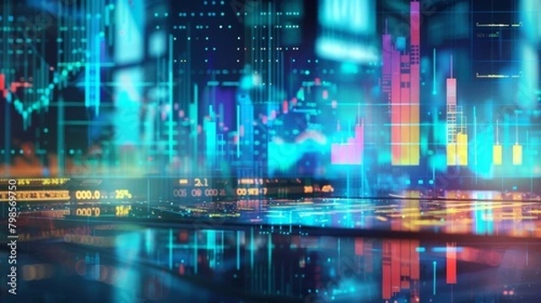 Fototapeta Financial graph colorful drawing and table with computer on background. Double exposure. Concept of international markets