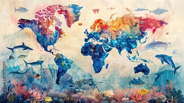Fototapeta A watercolor painting of the world map with colorful fish and coral reefs.