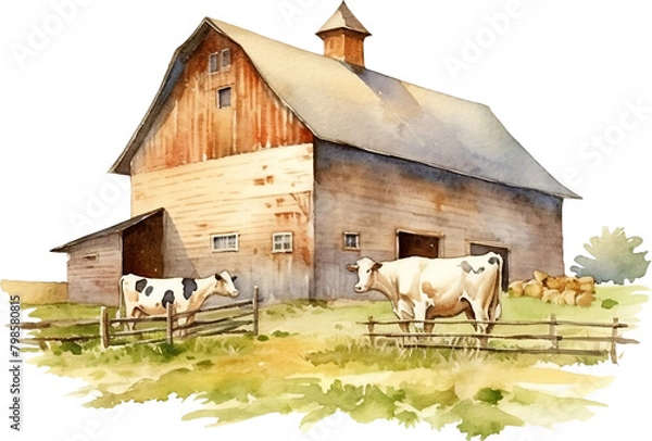 Obraz Watercolor rustic farm barn and cows. Generative AI