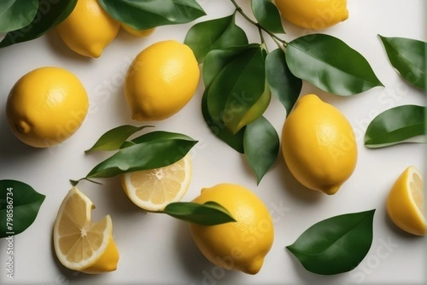 Fototapeta set lemons leaves isolated white background beautiful citrous closeup clove collection colours composition cut diet drink entire food fresh fruit green half health healthy ingredient juice juicy leaf'