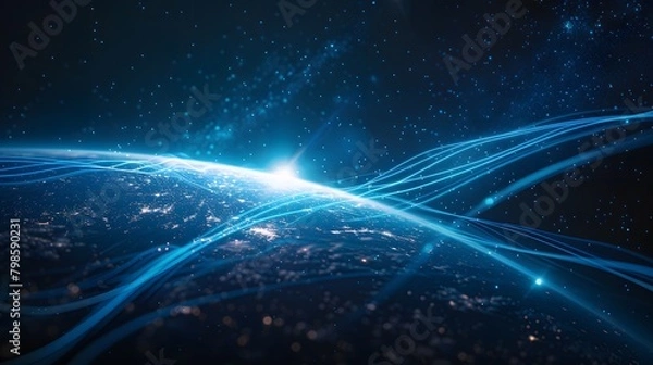 Fototapeta This abstract piece depicts the Earth in 3D space, surrounded by blue wavy dotted lines, with abstract blue lights around the planet.
