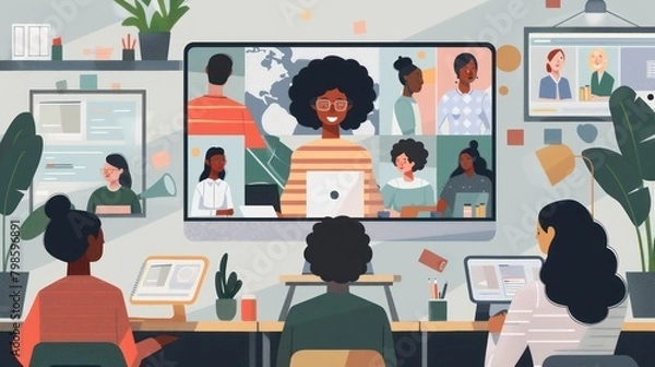 Fototapeta Illustration design of a person working at a work desk with a computer monitor screen connected to a network having a meeting.