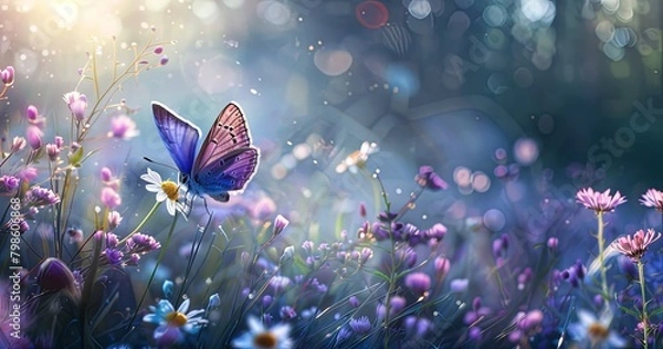 Obraz Spring Serenity: Butterfly and Purple Flowers in Sunlit Meadow