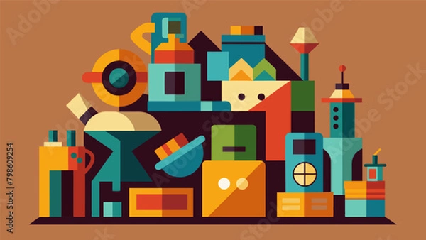 Fototapeta A series of abstract sculptures made entirely of discarded objects reflecting the artists experience with hoarding and OCD.. Vector illustration