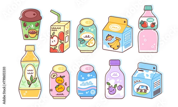 Fototapeta Soft drinks set. Vector illustration of tea and juice bottles, sweet soda cans, milk cartons. Cold beverages in cute flat style. Isolated elements on white background.