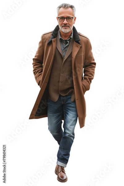 Fototapeta Stylish Older Man in Coat and Jeans Striding Forward