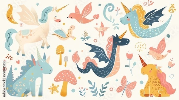 Fototapeta A vector illustration of a unicorn, a dragon, a gryphon, and other magical creatures.