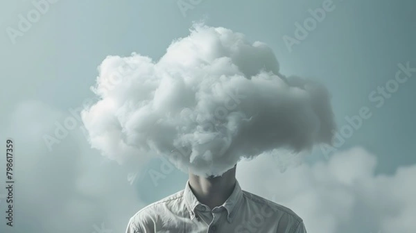 Fototapeta  Man with Head in Clouds on Light Background, Conceptual Representation of Confusion