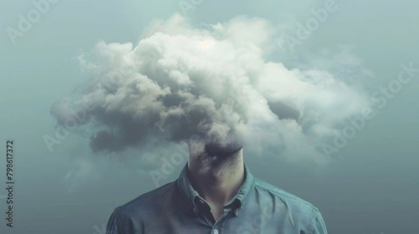 Fototapeta  Man with Head in Clouds on Light Background, Conceptual Representation of Confusion