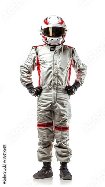 Fototapeta Racing Driver in Overalls and Helmet Looking at Camera, Isolated on White