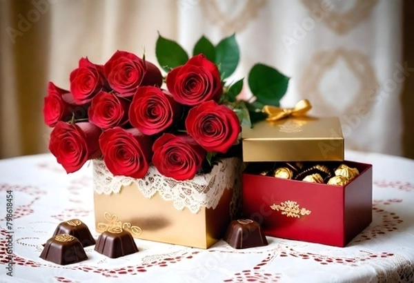 Obraz red rose and gift box