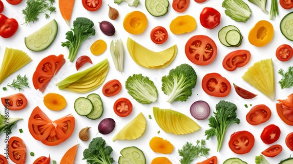 Fototapeta Sliced fruit pieces on a white background, top view, business promotion. Generative AI.


