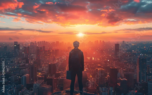 Fototapeta Person stands on the edge of building with laptop in his hands and looks at the setting sun. Cityscape
