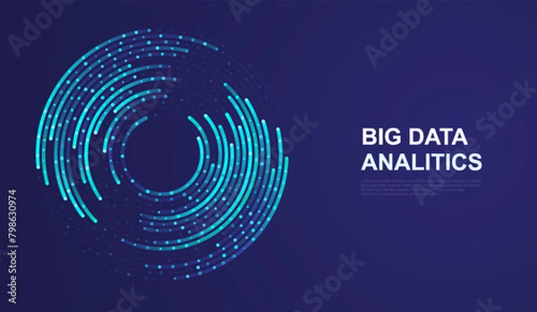 Fototapeta Spiral technology background of circular lines and dot connections. Abstract circle of glowing particles, big data transmission, internet network.