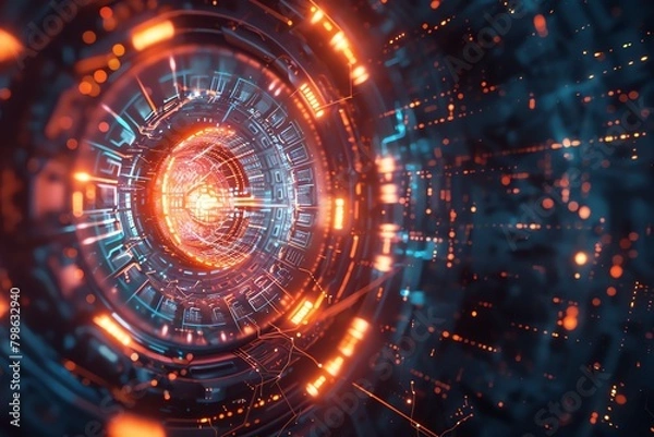 Obraz Quantum computing core, glowing with energy, intricate data streams, abstract algorithmic patterns