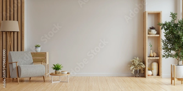 Obraz Minimal room with an armchair on empty white wall background- 3D rendering