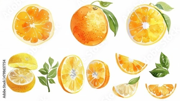 Fototapeta Summery orange fruit set with watercolor style. Fresh citrus fruits and orange slices on a white background.
