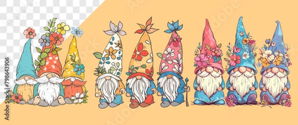 Obraz Whimsical gnomes with floral hats in a garden setting