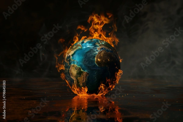 Obraz An artistic interpretation of "global boiling" with a globe wrapped in flames, set against a dark, ominous background. The globe shows realistic continents and oceans under fire, generative ai