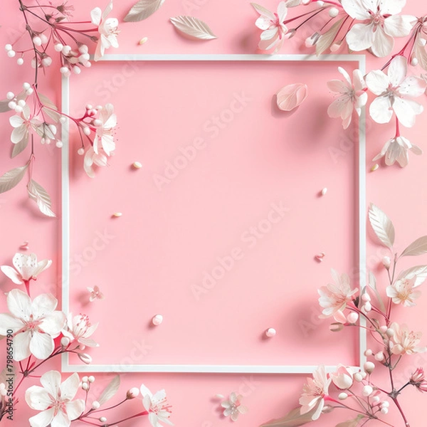 Obraz 분홍색 배경위에 놓여진 꽃과 프레임