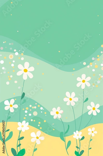 Obraz 녹색 배경에 흰색 꽃과 잎사귀의 일러스트레이션